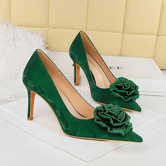 Emerald Elegance Satin Heels with Floral Accent