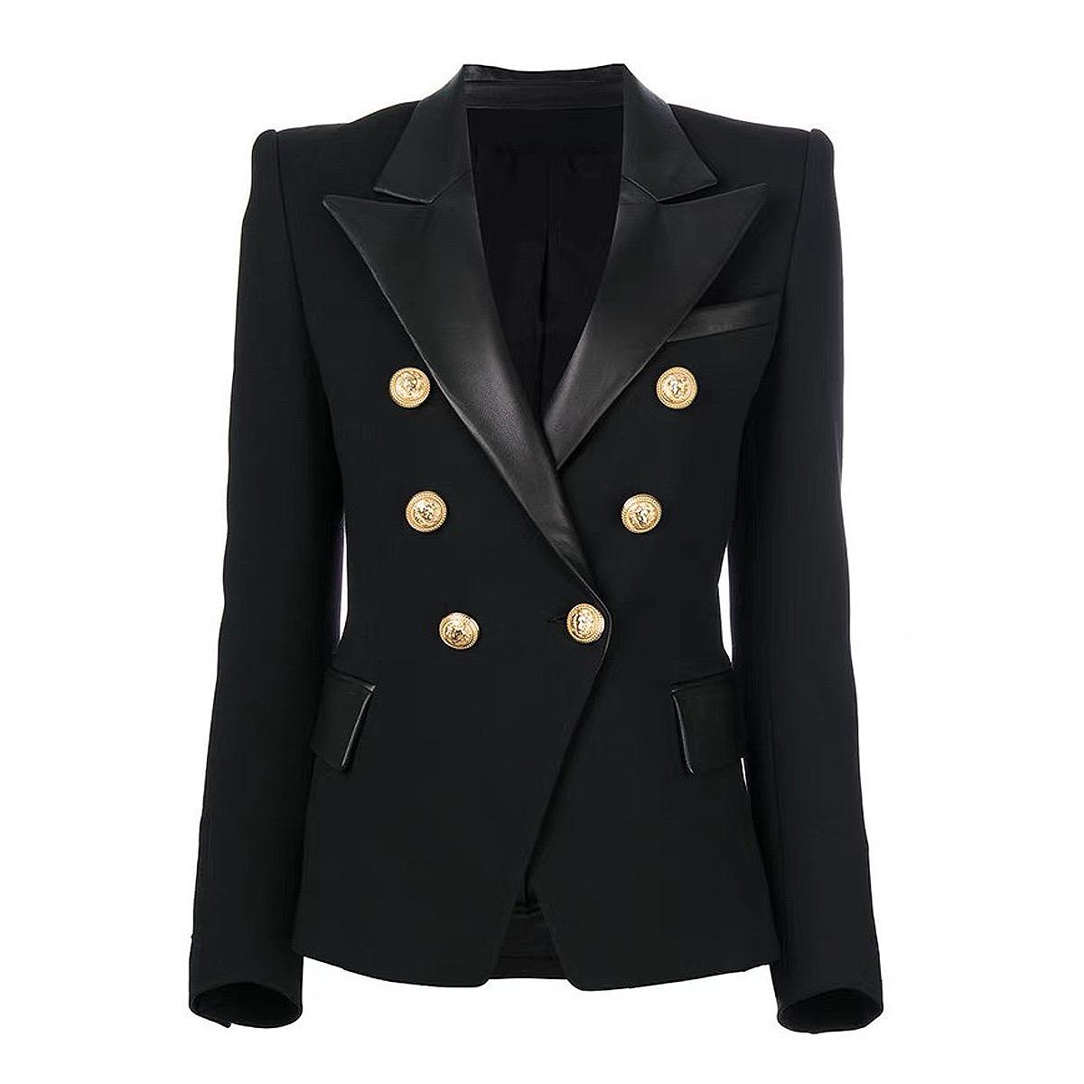 Statement Black Blazer with Gold Lion Buttons & Leather Trim